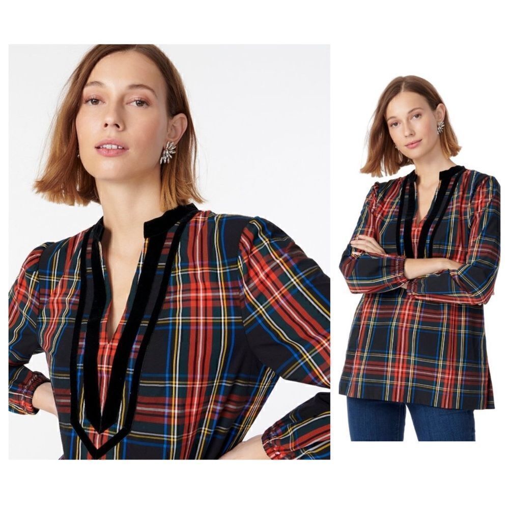 J CREW Top‎ Blouse Women XS Velvet-trimmed V-neck tunic Stewart tartan plaid